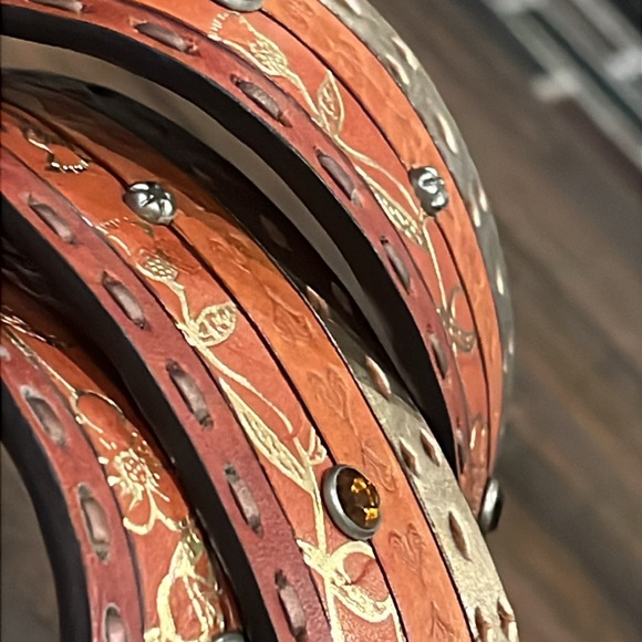 Vintage Fossil layered Tooled Leather bling Western Belt-Size Small - Picture 6 of 16